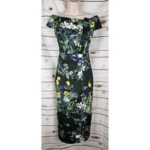 Ted Baker Dark Bardot Bodycon Dress 1 US 4 Scuba Midi NEW Green Floral